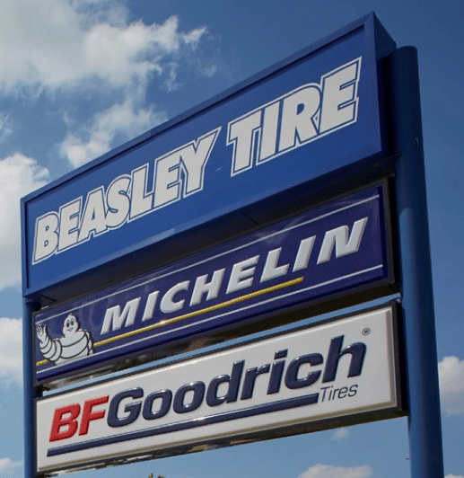 Beasley Tire, Michelin, and BFGoodrich Tire sign outside shop location