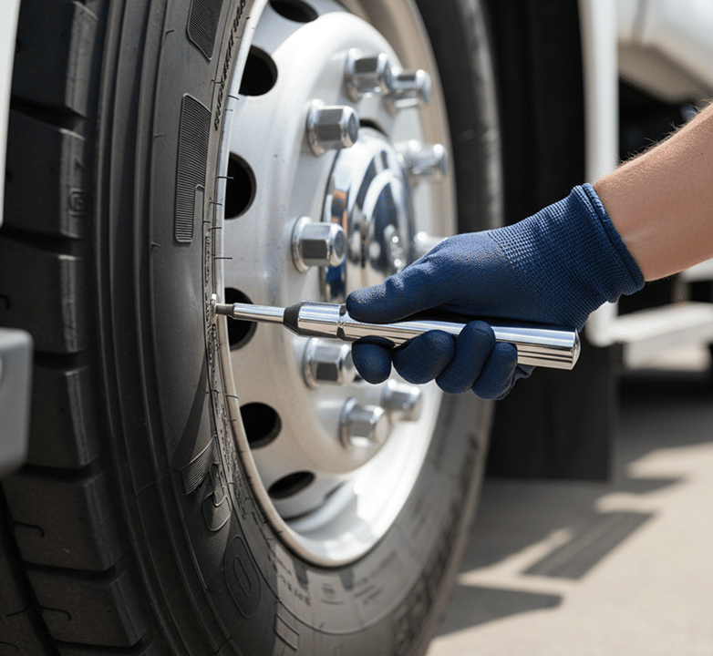 mechanic checking vehicle\'s tire