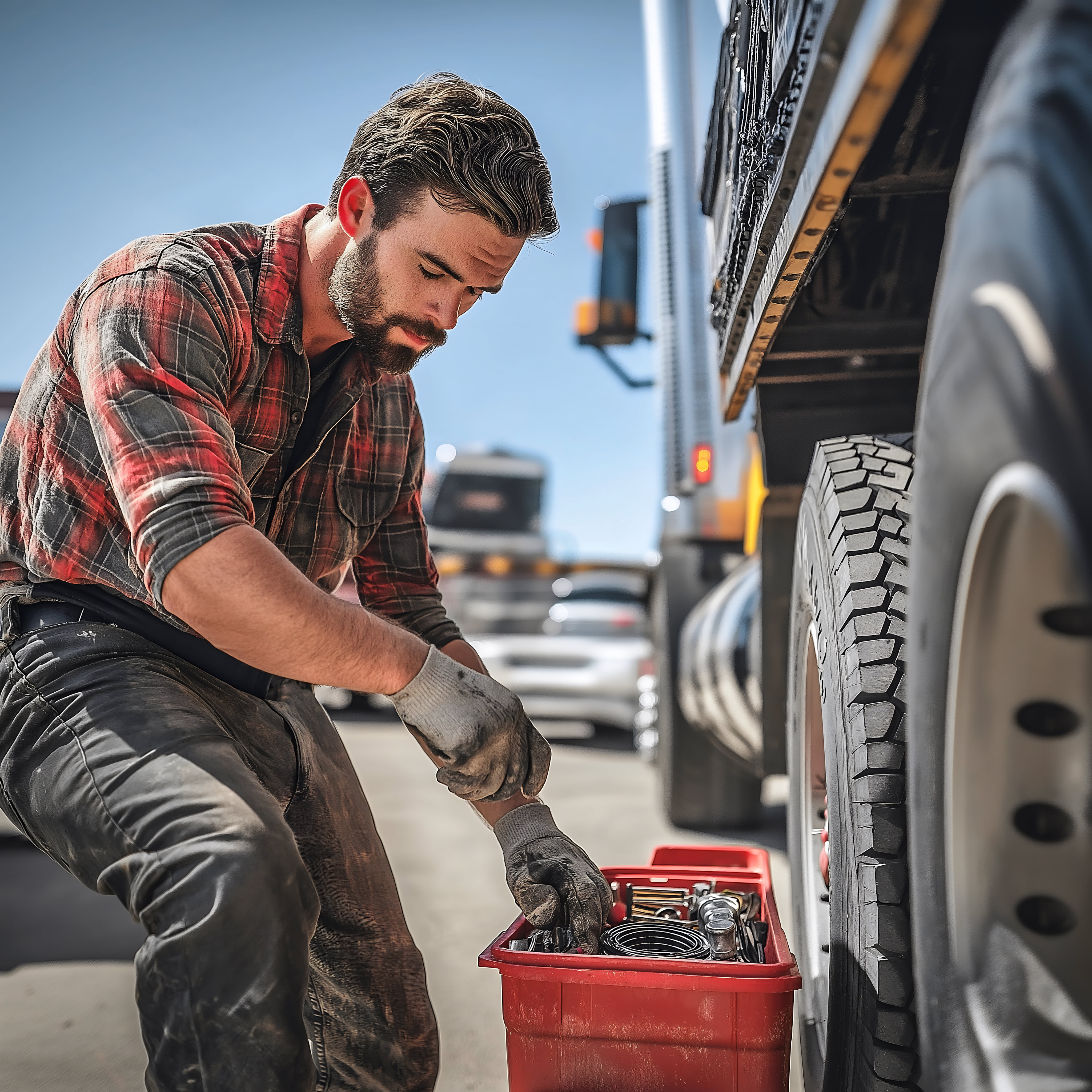 Bearded man in red and grey plaid shirt looking through his tools as he works on a commercial truck