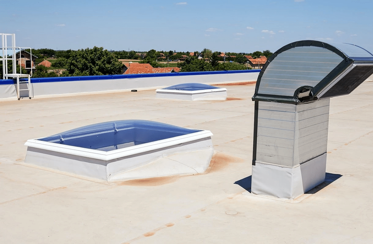 Commercial roof with sunlight on a clear day