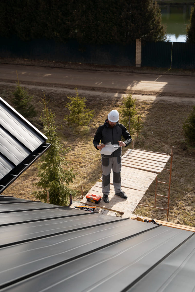 roof maintenance inspection on metal roof by roofing technician