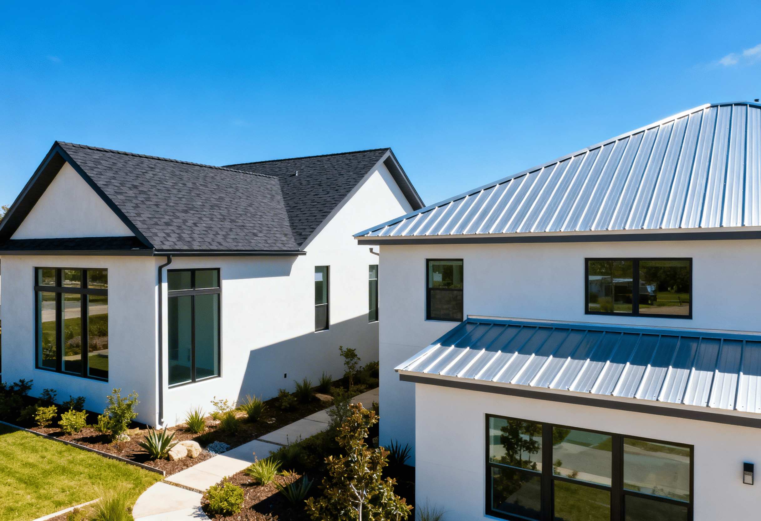 modern home with metal roof and asphalt shingle roof comparison