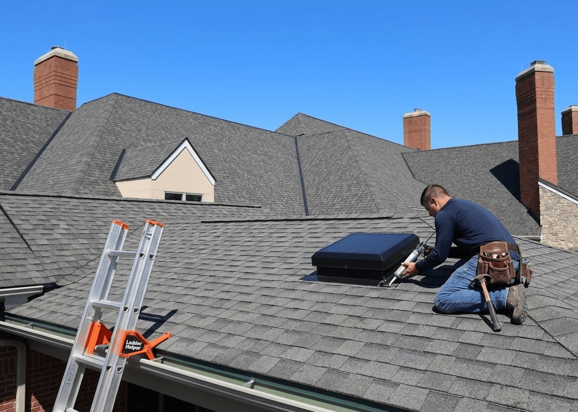 roofer installing attic ventilation vent on asphalt shingle roof roofer installing attic ventilation vent on asphalt shingle roof