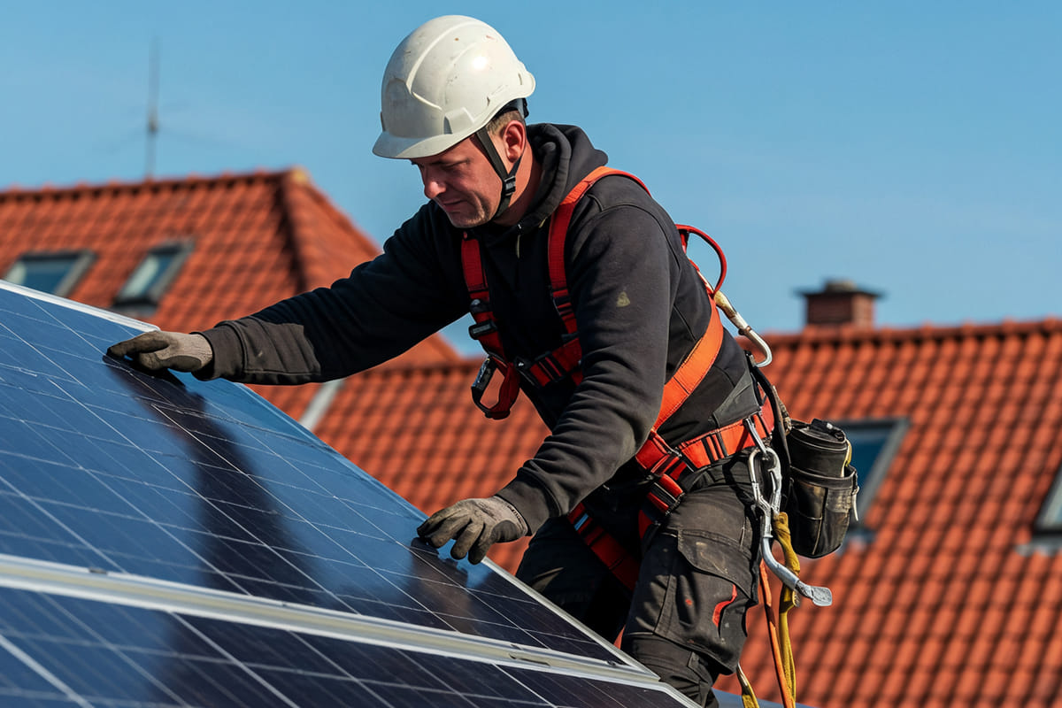 roofing contractor installing solar panels on residential roof roofing contractor installing solar panels on residential roof