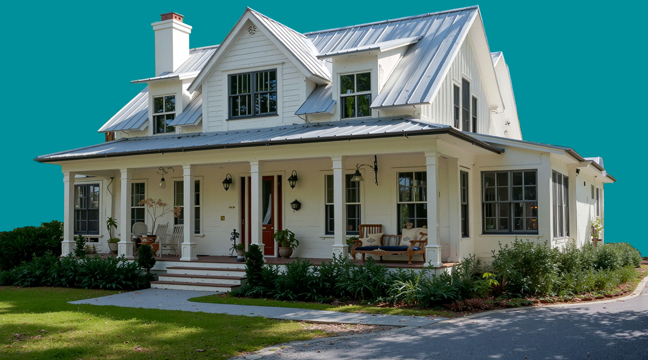 White farmhouse with wraparound porch