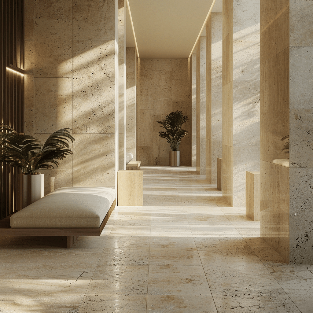 Travertine tile on floors and walls of