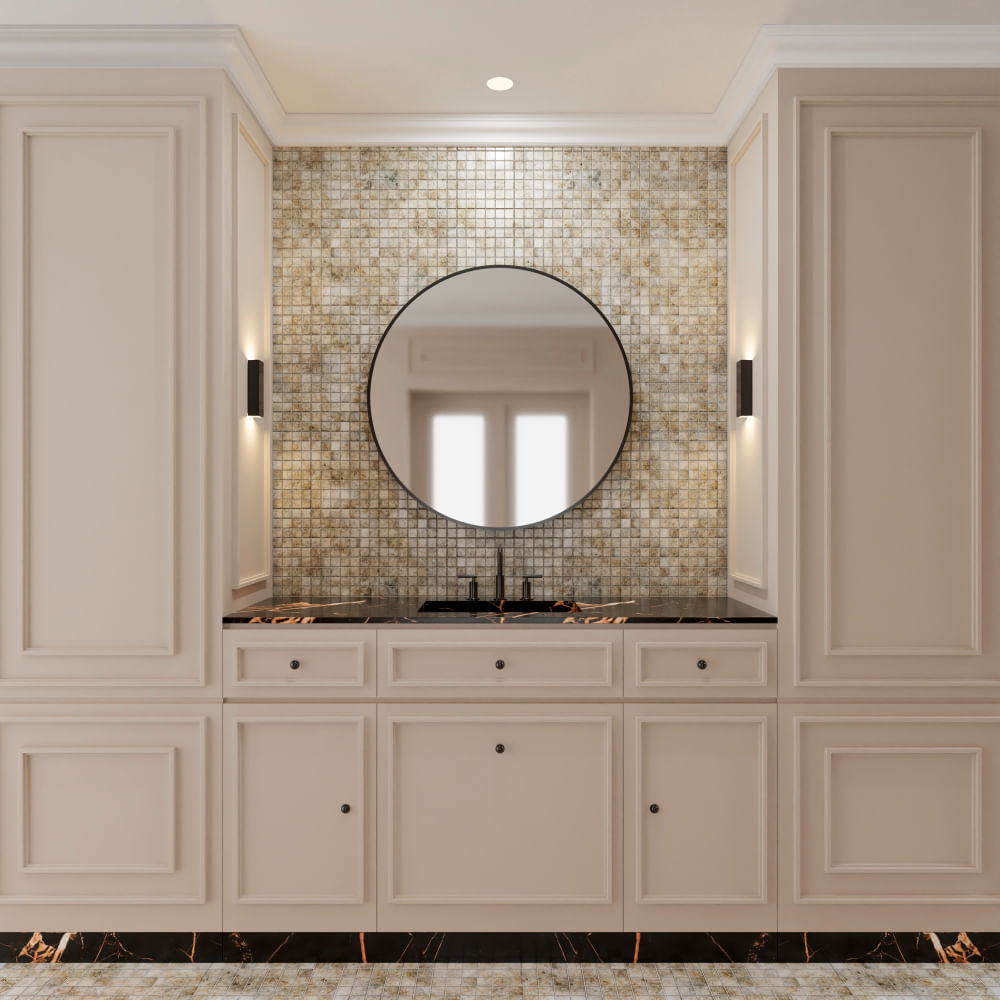 Custom bathroom vanity with light cabinetry and mosaic tile backsplash from The Stone Gallery