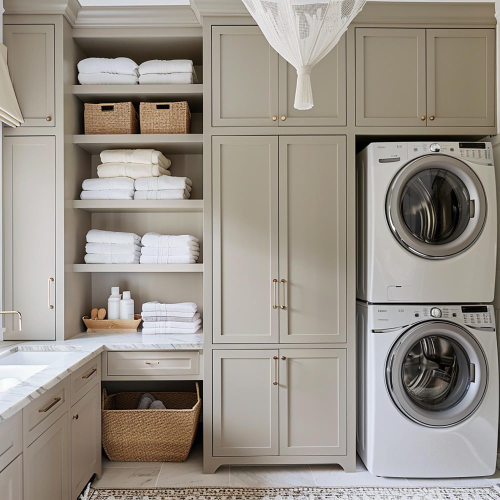 Built-in laundry room cabinets and open shelving providing organized storage and appliance integration