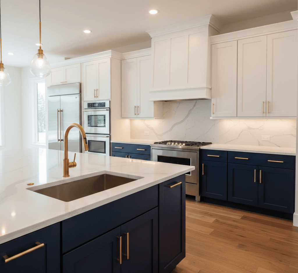 Modern Gretna kitchen with navy base cabinets, white uppers, and quartz countertops