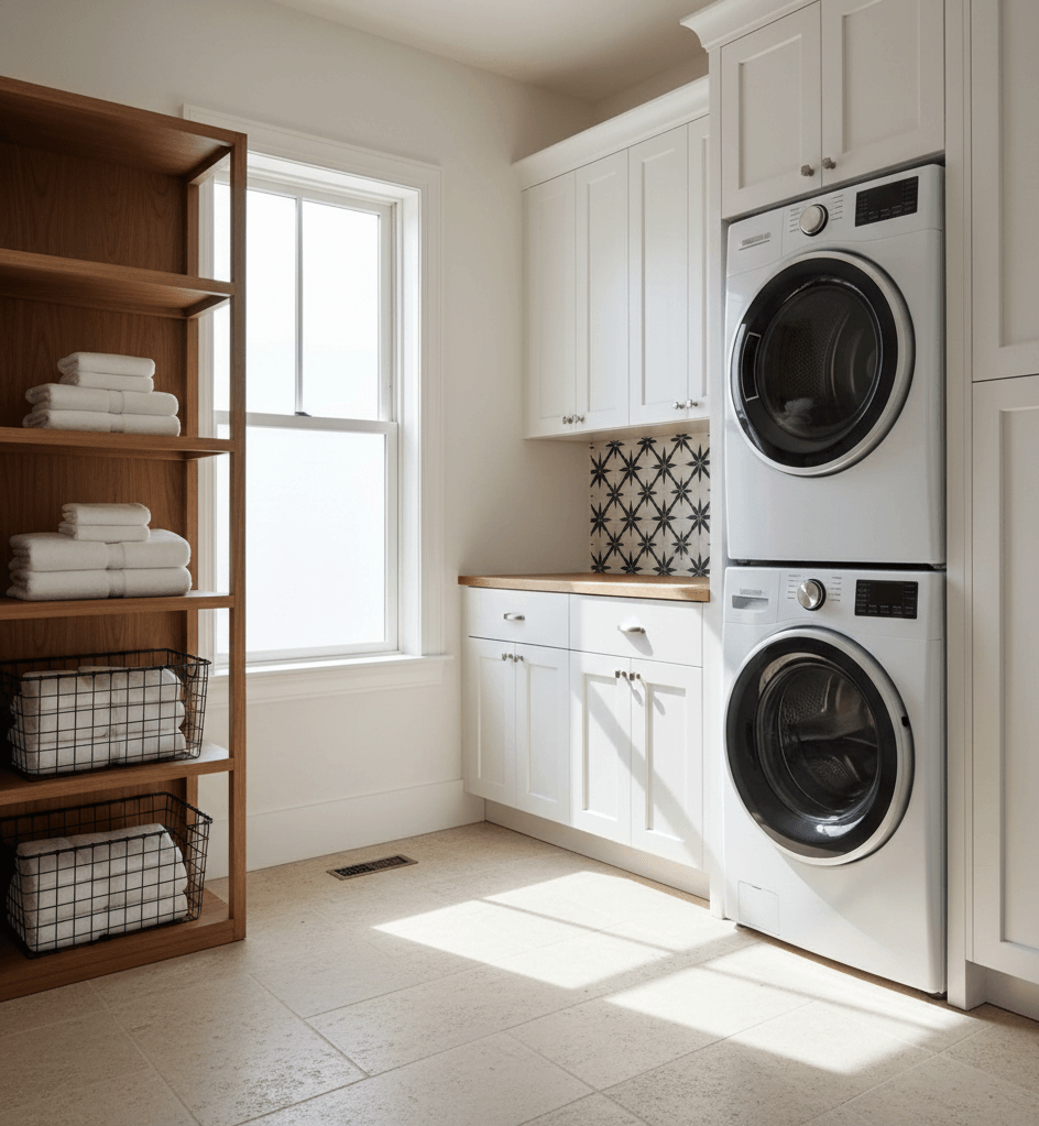Laundry room cabinets in Gretna with white cabinetry and stacked washer and dryer