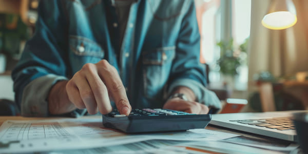 Small business owner calculating taxes and reviewing financial records Small business owner calculating taxes and reviewing financial records