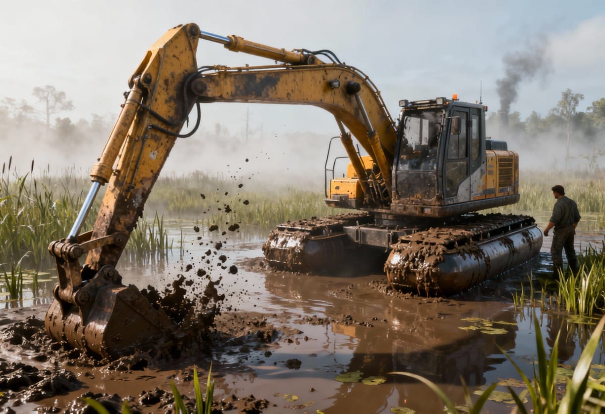 Noisy Amphibious Excavator in mud