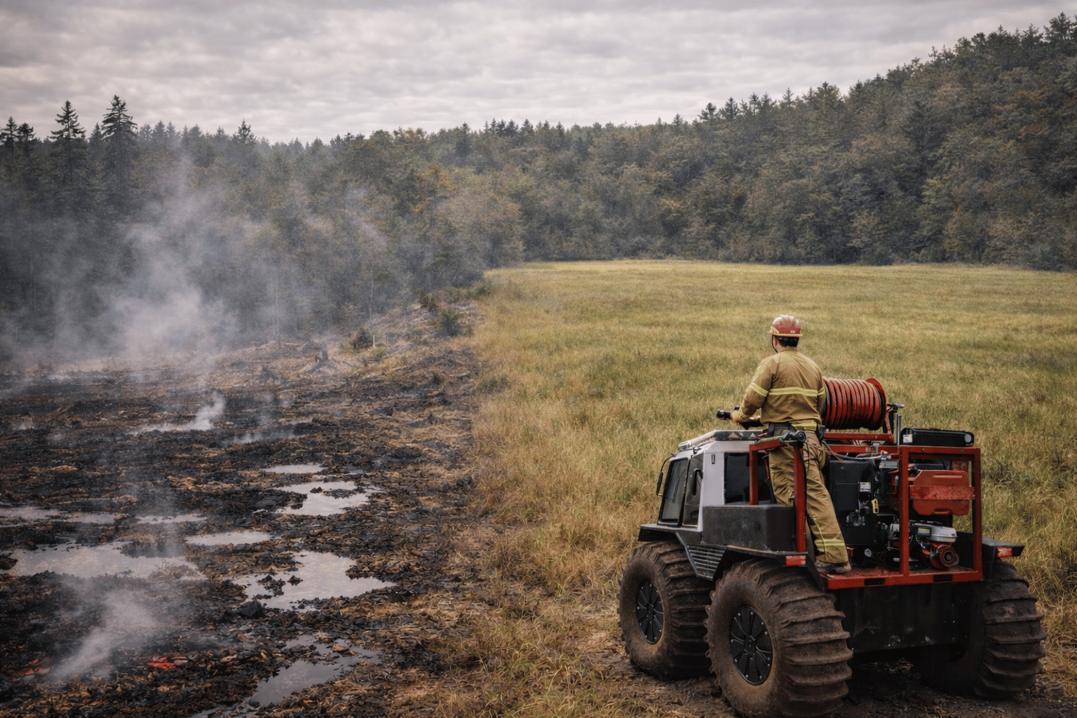 Fat truck parked near burnt grass after a wild fire