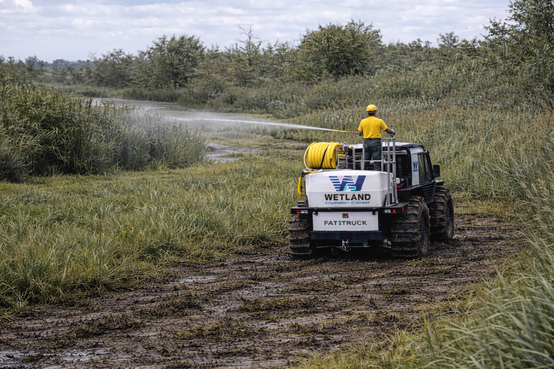 Wetland worker spraying on top of Fat Truck in grassy terrain on a cloudy day