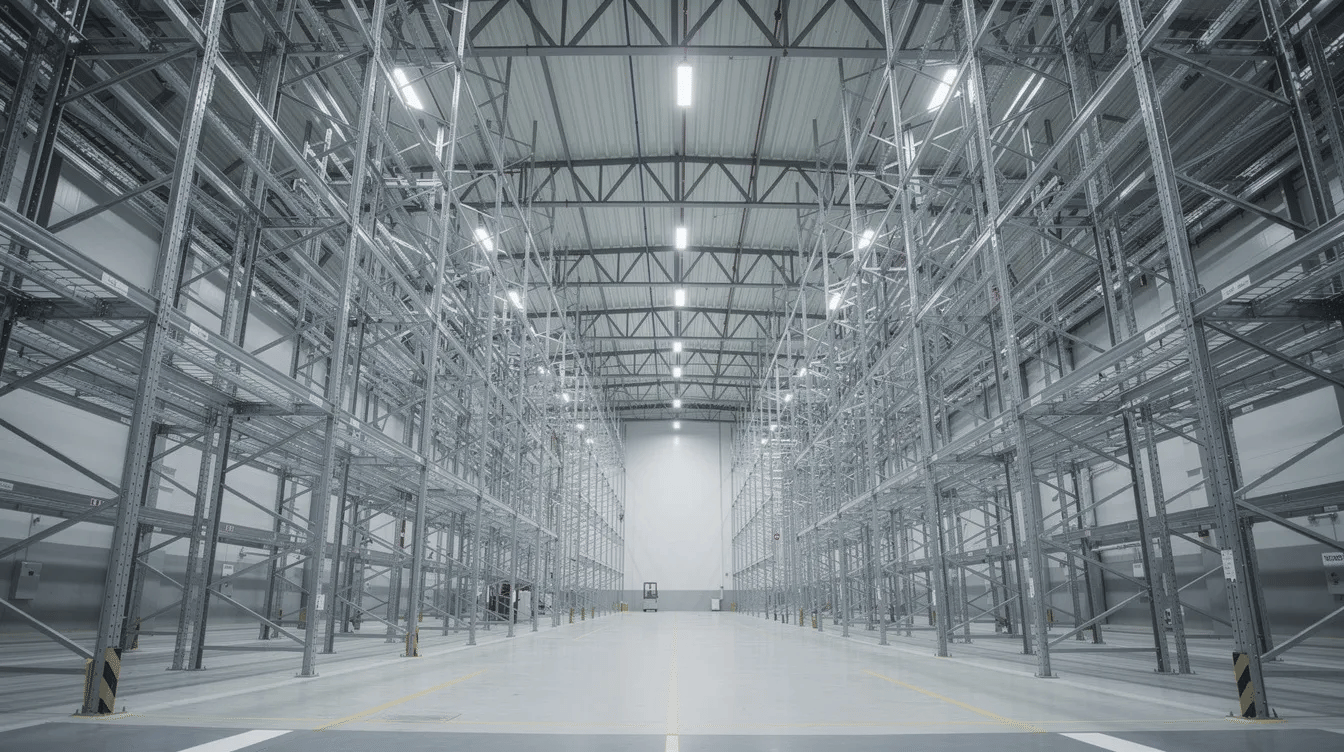 The image depicts a tall warehouse interior featuring steel pallet racking systems that extend toward high ceilings, showcasing the vertical storage space available for maximizing storage capacity. This design highlights the efficiency of high-density storage solutions in industrial facilities, optimizing floor space for inventory management.