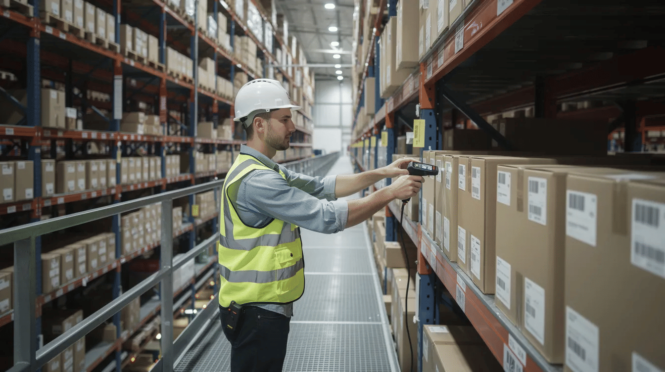 A warehouse worker is seen picking items from a selective pallet racking system on an elevated walkway within a multi-level storage system. This high-density storage setup maximizes warehouse space and enhances operational efficiency.