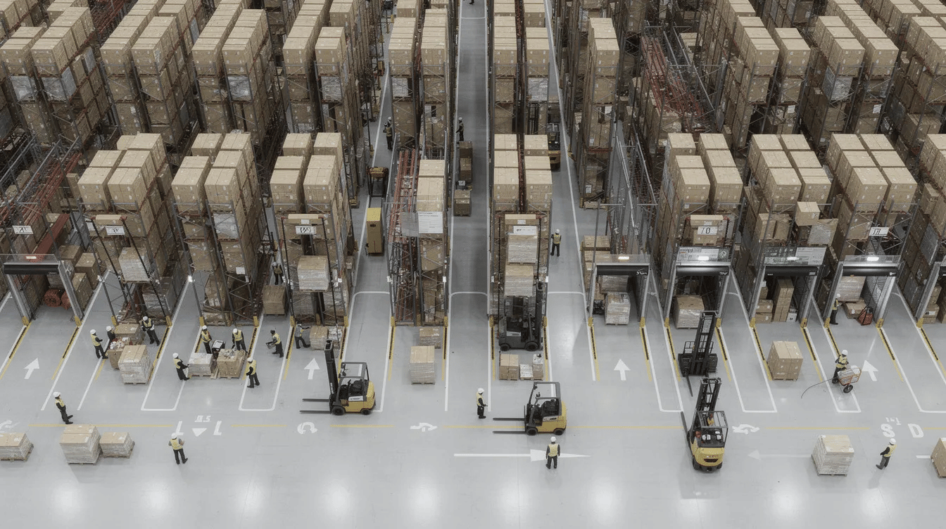 An overhead view of a busy Texas warehouse shows workers and forklifts navigating through organized rows of pallet racks, highlighting efficient warehouse operations and maximizing storage capacity. The layout is designed to optimize workflow efficiency and accommodate high-volume operations.