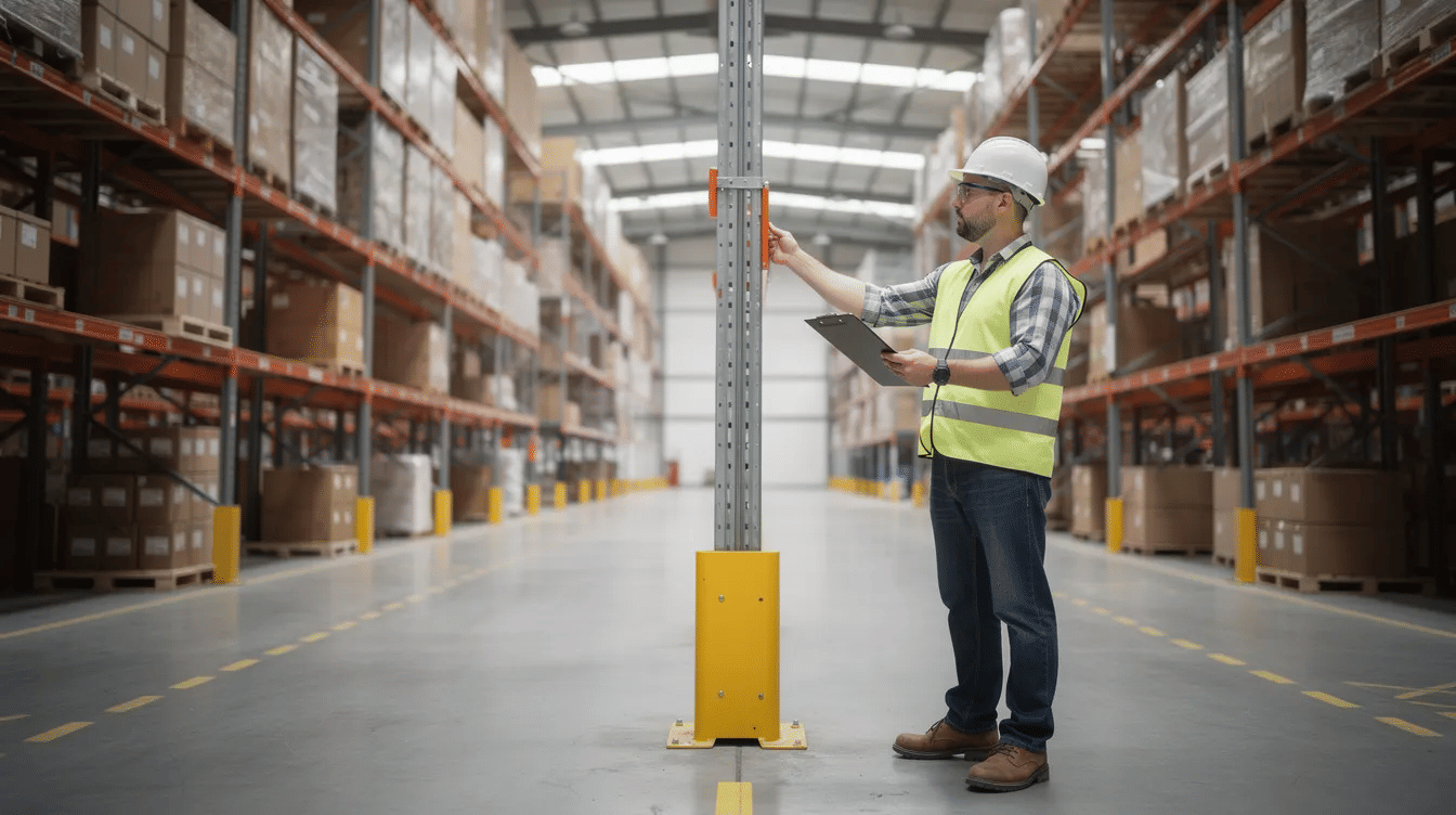 A warehouse worker is inspecting a pallet rack upright with a clipboard in hand, ensuring the safety and efficiency of the pallet racking system. In the background, organized rows of pallet racks highlight the optimized warehouse layout for maximizing storage capacity and workflow efficiency.