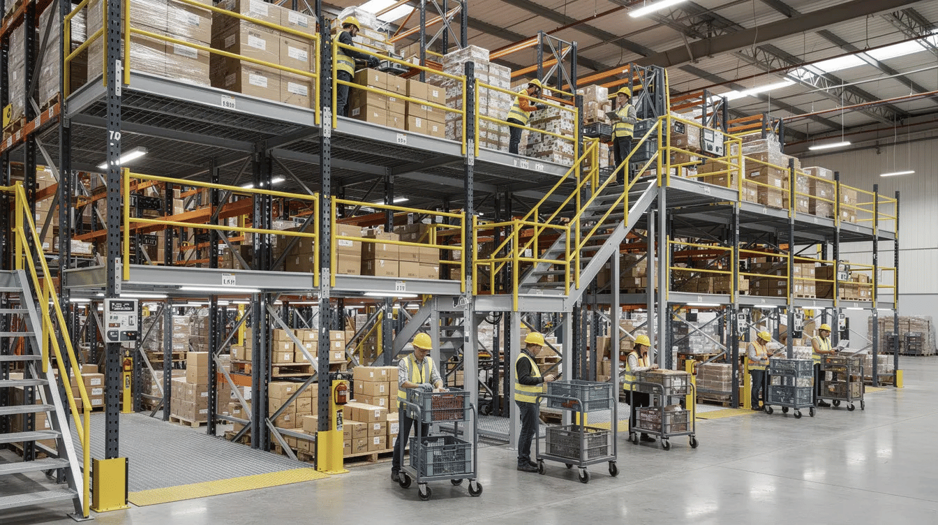 The image depicts the interior of a Texas warehouse featuring a multi-level mezzanine system constructed on top of pallet racks, with workers efficiently picking orders from the upper level. This layout enhances storage capacity and workflow efficiency, showcasing an organized pallet racking system designed for high volume operations.