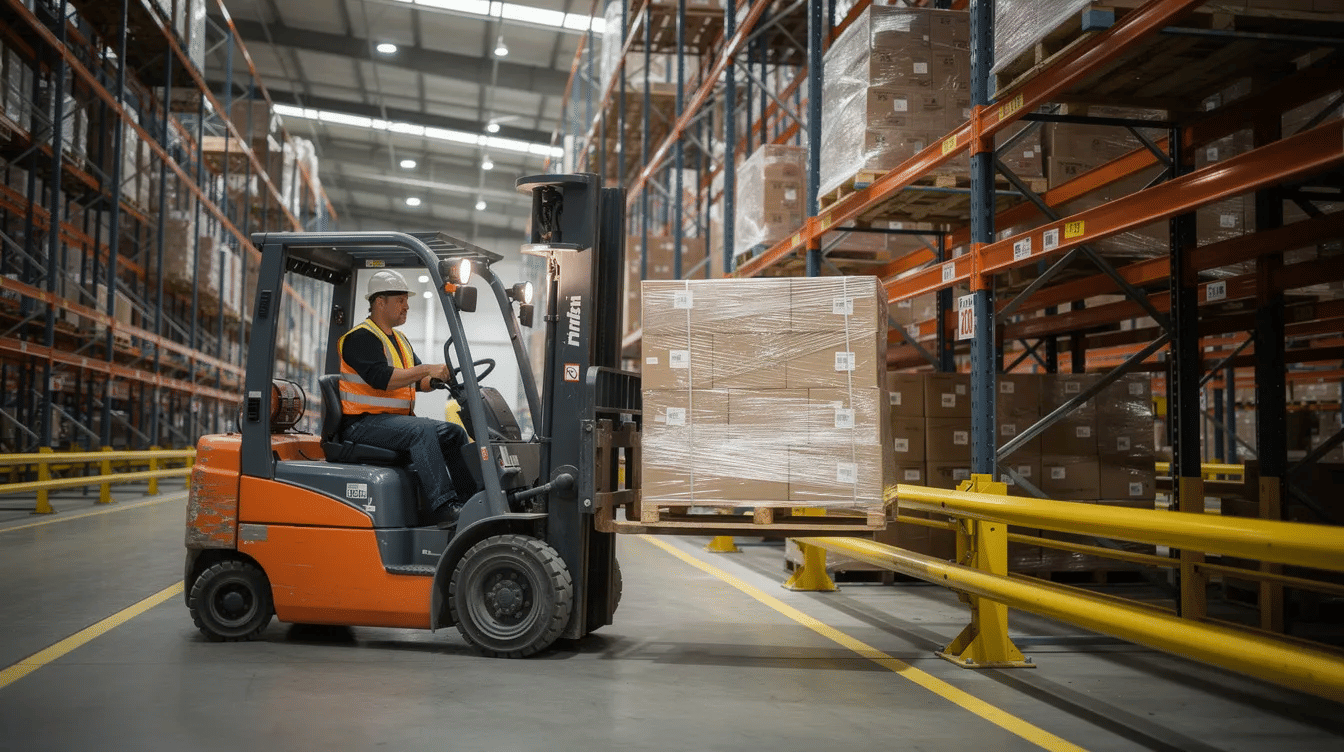 A forklift operator is skillfully placing a pallet into a deep-lane racking system inside a warehouse, showcasing efficient material handling and maximizing storage space with pallet racks. The scene emphasizes the importance of operational efficiency in warehouse storage solutions.