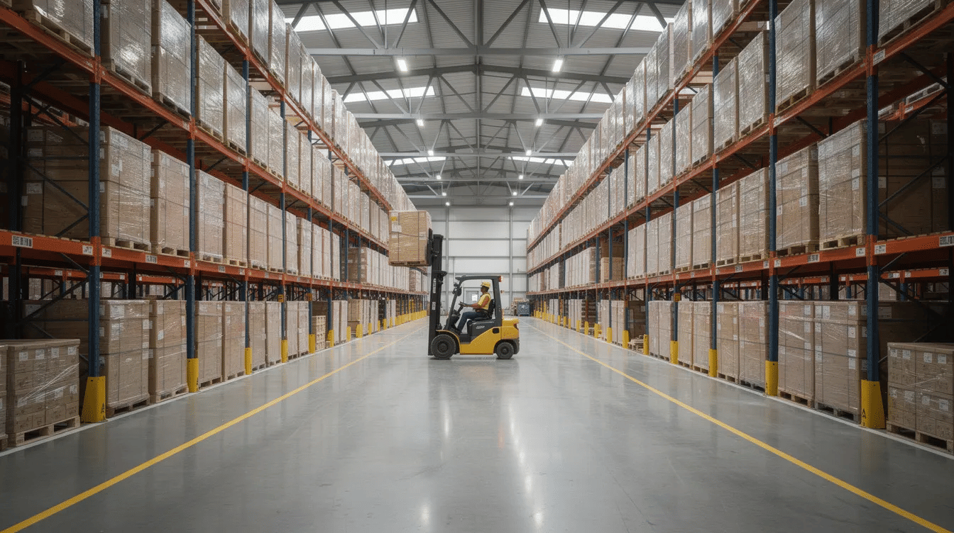 The image depicts the interior of a large warehouse featuring tall rows of loaded pallet racks, showcasing an efficient storage system. A forklift is seen moving pallets through the aisle, highlighting the material handling equipment used to manage inventory in this industrial setting.