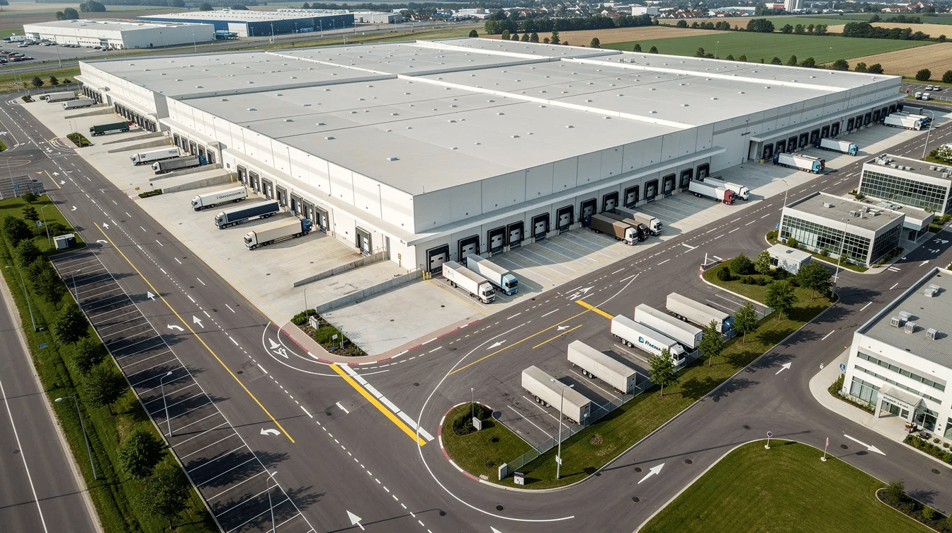 An aerial view of a large industrial warehouse complex showcases multiple loading docks and parked trucks, emphasizing its operational efficiency and extensive storage space. The layout includes various pallet racking systems designed for high-density storage, facilitating efficient material handling and inventory management.