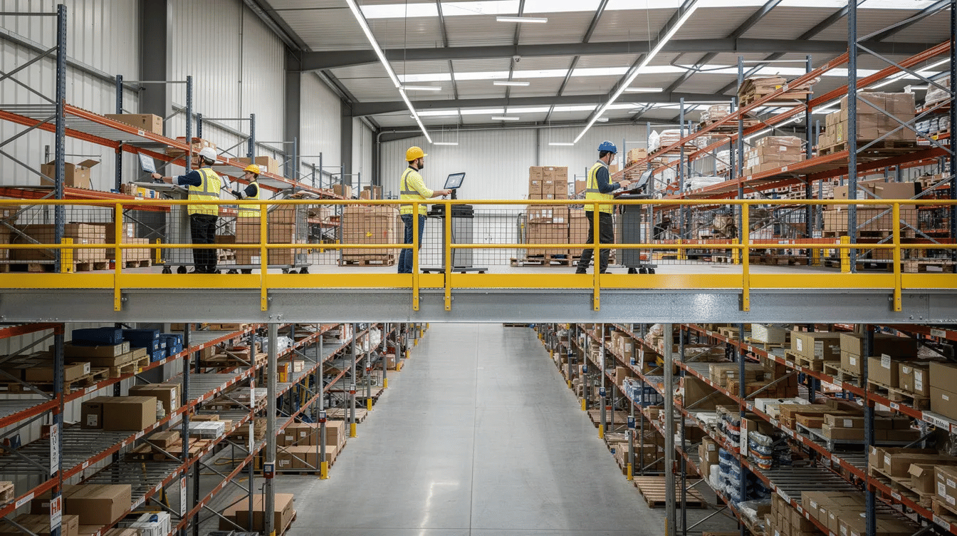 The image depicts a multi-level warehouse interior featuring elevated walkways and handrails, with workers efficiently picking items from industrial shelving on the upper level. This setup utilizes pallet racking systems to maximize storage space and enhance operational efficiency in the facility.