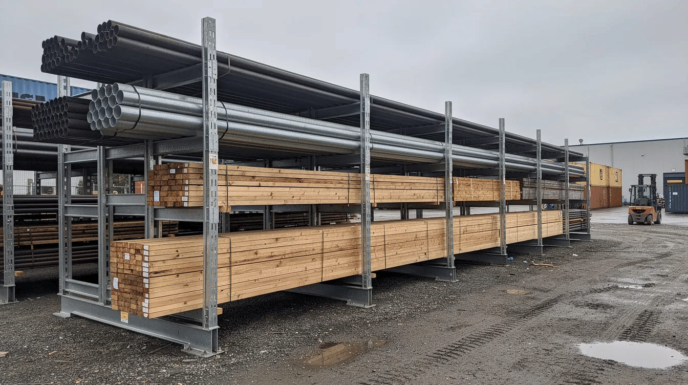The image depicts a cantilever racking system outdoors, efficiently holding long steel tubes and lumber in an industrial yard, showcasing excellent storage capabilities. This setup reflects the functionality of warehouse racking systems, optimizing space for material handling equipment in a Texas warehouse.