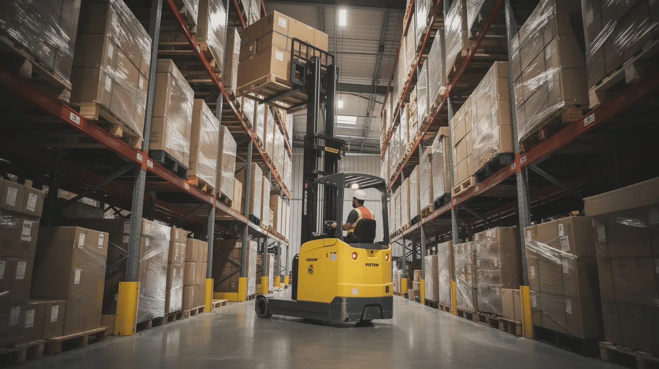 A reach truck is seen lifting a pallet high into a narrow aisle surrounded by tall warehouse racking systems, showcasing the efficient use of storage space in a Texas warehouse. The scene highlights the importance of material handling equipment in optimizing warehouse layout and maximizing storage capabilities.