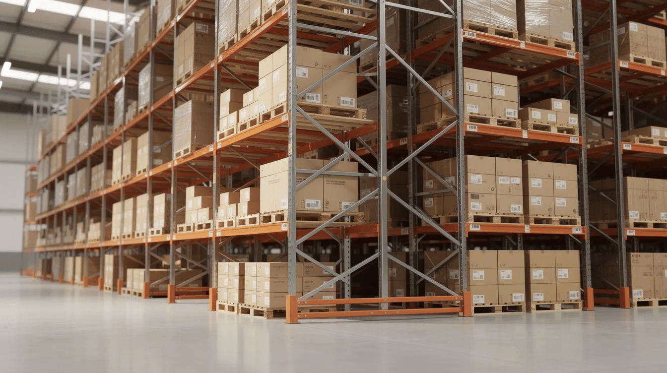 A close-up view of a fully loaded selective pallet racking system inside a brightly lit distribution center, showcasing boxes stacked neatly on pallets, highlighting the efficient use of storage space and the organization of warehouse racking systems. This image emphasizes the importance of material handling equipment in optimizing storage capabilities for businesses in Texas.