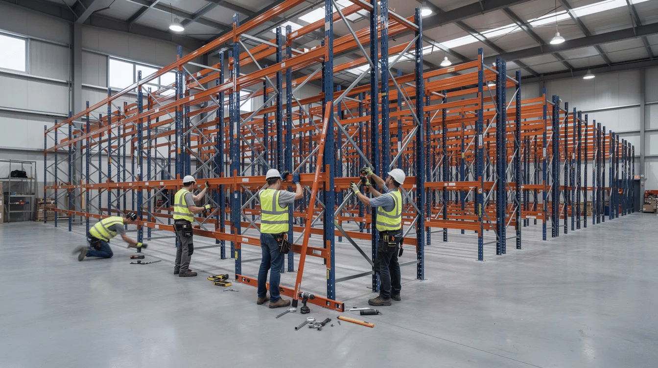 A professional installation crew is assembling tall pallet racking systems inside an empty warehouse with a concrete floor, showcasing the efficiency and organization of modern warehouse layout. This installation emphasizes the importance of optimizing storage capabilities for businesses in Texas, enhancing their material handling equipment and storage space.