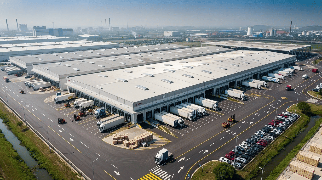 An aerial view of a busy industrial warehouse district in New Jersey showcases multiple large buildings with truck loading docks, highlighting the extensive storage space and operational efficiency essential for managing inventory and distribution centers. The layout features various pallet racking systems and mezzanine structures designed to maximize floor space and meet specific storage requirements.