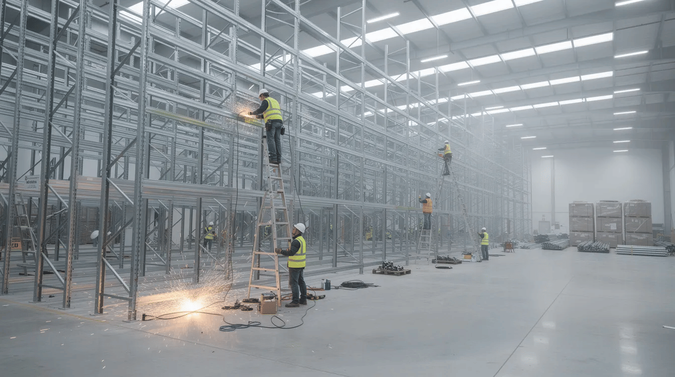 A construction crew is busy assembling steel pallet racking systems inside a brightly lit warehouse, optimizing the available floor space for enhanced storage capacity. This installation project aims to improve operational efficiency and meet the unique storage requirements of the facility.