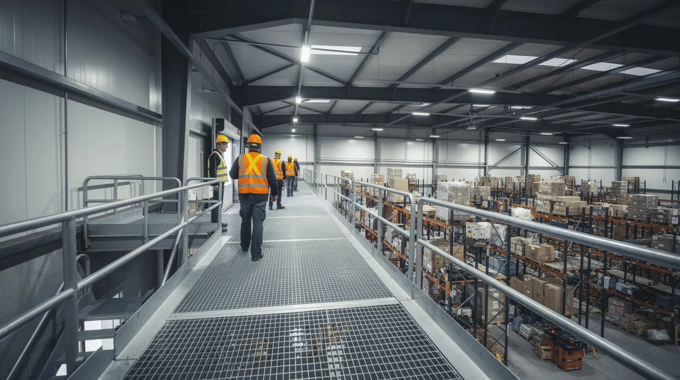 The image depicts workers walking along an elevated industrial platform inside a warehouse, with various pallet racking systems visible below, showcasing an efficient warehouse layout designed to maximize storage capacity and operational efficiency. This setup highlights the use of mezzanine systems to create additional storage space while ensuring safety and accessibility for the workforce.