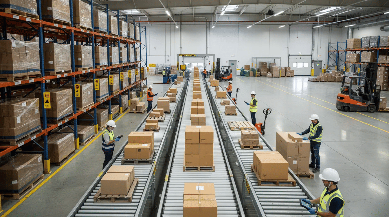 The image depicts a busy distribution center floor featuring conveyor belts and pallet racking systems, with workers actively moving products through the shipping area. The scene highlights the efficient use of space, including mezzanine storage systems and pallet flow racking, to enhance warehouse operations and maximize storage density.