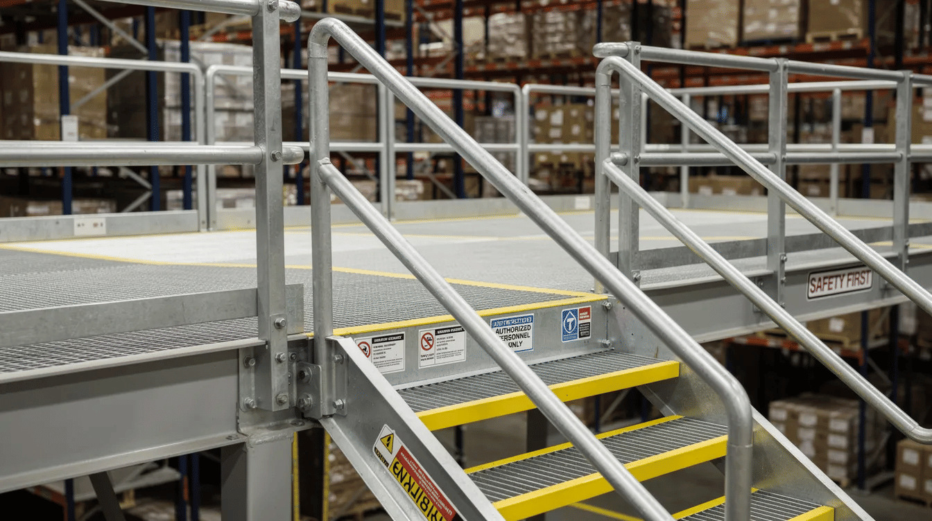 The image shows a close-up view of steel guardrails and handrails on a warehouse mezzanine platform, featuring stairs for access and visible safety signage to ensure safety during warehouse operations. This mezzanine storage system is designed to maximize vertical space and improve efficiency in storage density within the distribution center.