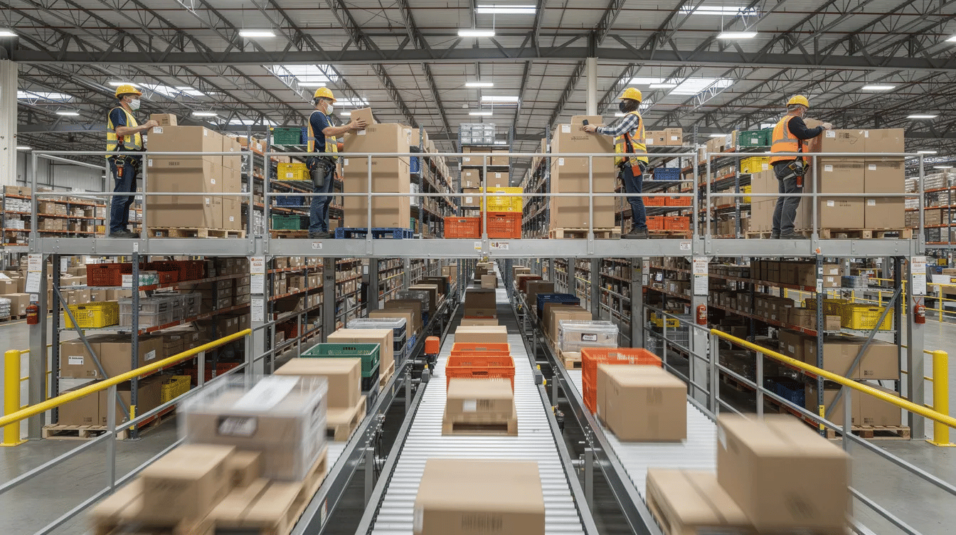 The image depicts workers on elevated platforms within a warehouse, efficiently picking orders from shelving and carton flow lanes, while a conveyor belt is visible below, indicating a well-organized mezzanine storage system that maximizes vertical space for optimal order fulfillment. The scene highlights the importance of effective storage density and space utilization in warehouse operations.
