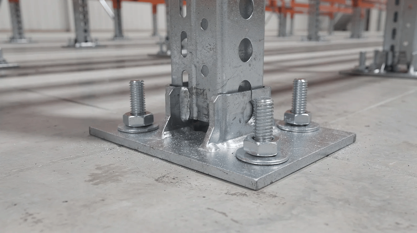 The image shows a close-up view of steel rack column base plates securely anchored to a concrete warehouse floor, highlighting the robust foundation of a pallet flow rack system designed for efficient storage solutions in distribution centers. This setup is essential for optimizing space utilization and enhancing order fulfillment operations.