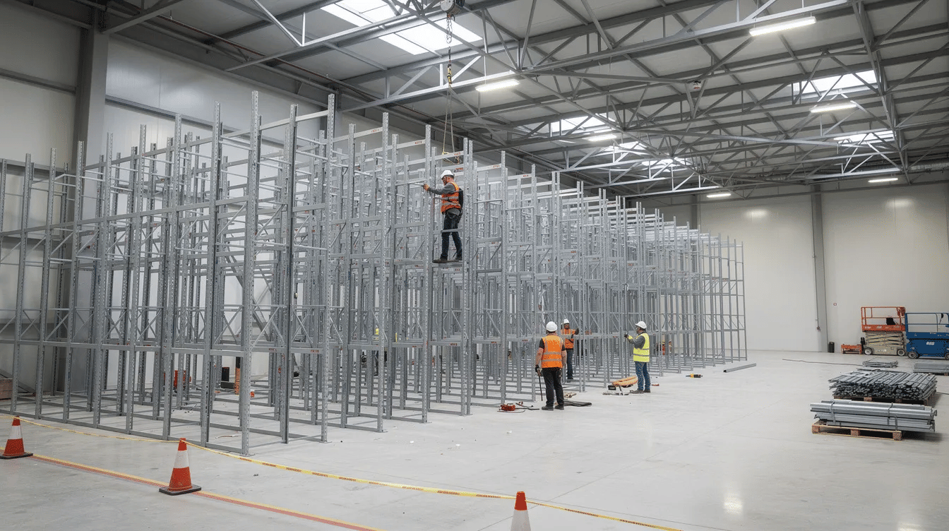 A team of construction workers is installing steel racking frames inside a spacious warehouse with high ceilings, preparing the space for efficient storage solutions like multi-level pick modules. This setup aims to enhance order fulfillment and streamline warehouse operations, ensuring optimal space utilization for future expansion.