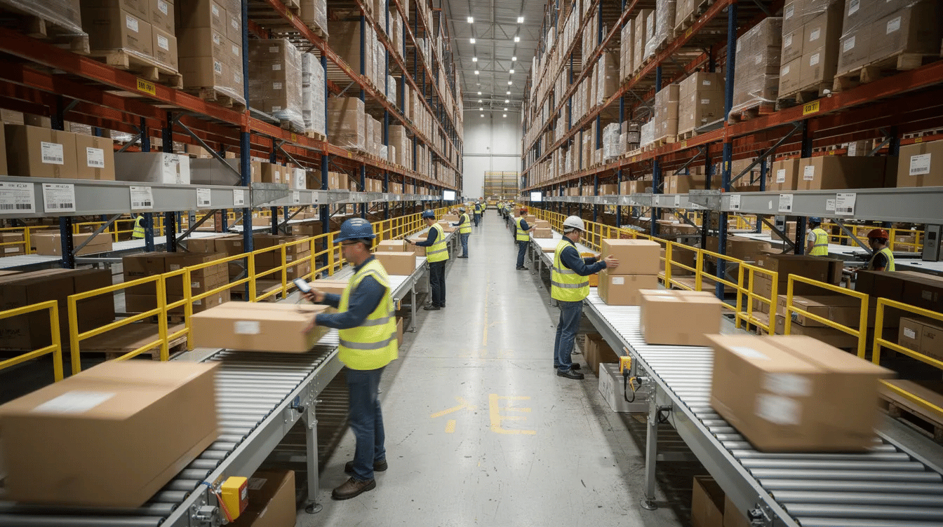 The image depicts workers in a busy warehouse fulfillment operation, efficiently moving boxes along conveyor lines amidst tall shelving rows and multi-level pick modules. This dynamic environment highlights the effective use of material handling equipment and storage solutions to streamline order fulfillment and enhance operational efficiency.
