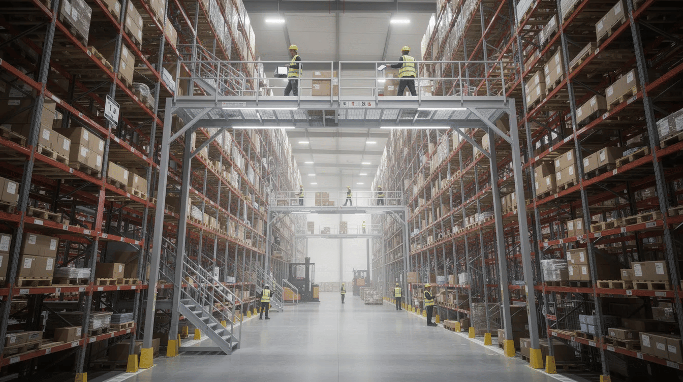 The image depicts the interior of a large warehouse featuring multi-level steel racking systems and elevated walkways, where workers can be seen on upper platforms efficiently managing order fulfillment. This setup showcases advanced storage solutions like pick modules and pallet flow racks, designed to optimize space utilization and enhance operational efficiency in distribution operations.