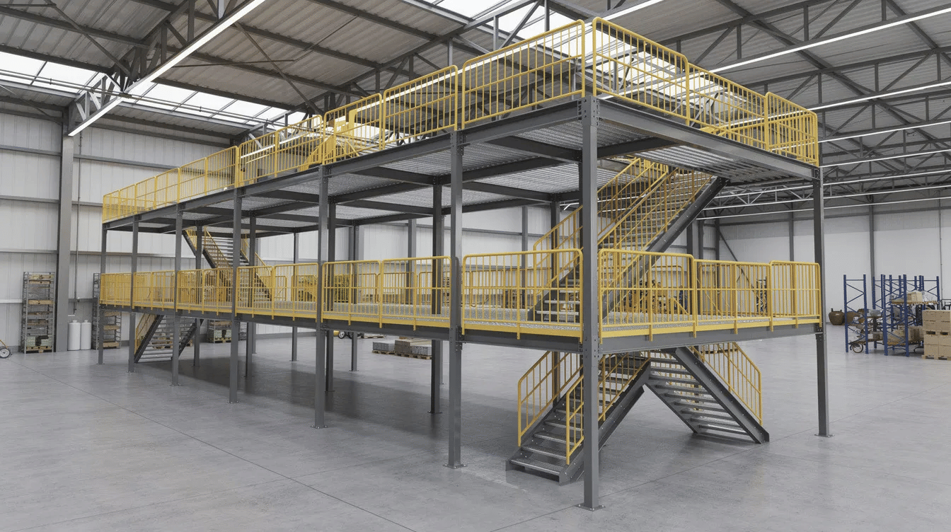 The image depicts a multi-level warehouse mezzanine structure featuring walkways, guardrails, and stair towers, all situated within a spacious high-ceiling industrial building. This design enhances warehouse operations by maximizing storage space and facilitating efficient material handling with a well-planned warehouse layout.
