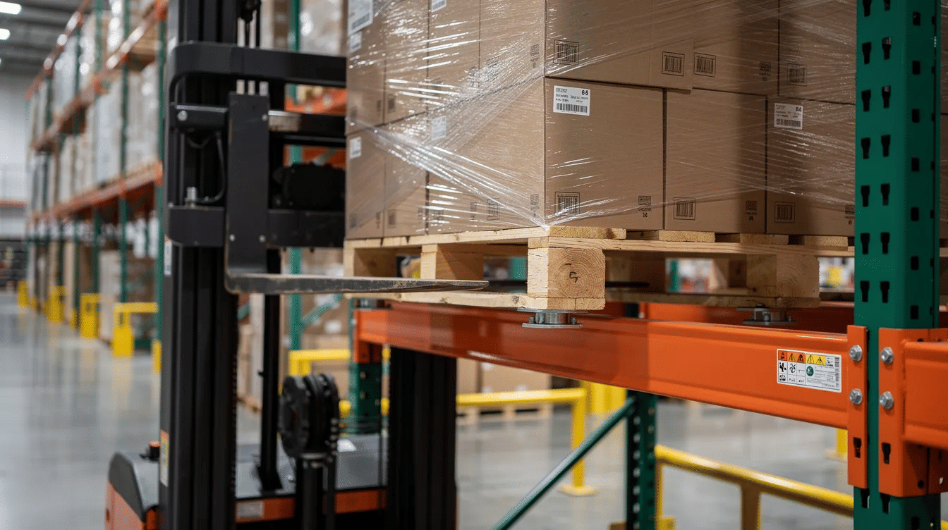 A close-up view captures a forklift in action, expertly placing a loaded pallet onto a steel pallet rack beam within a warehouse. This scene highlights the importance of a well-designed pallet racking system for efficient warehouse operations and optimal use of storage space.