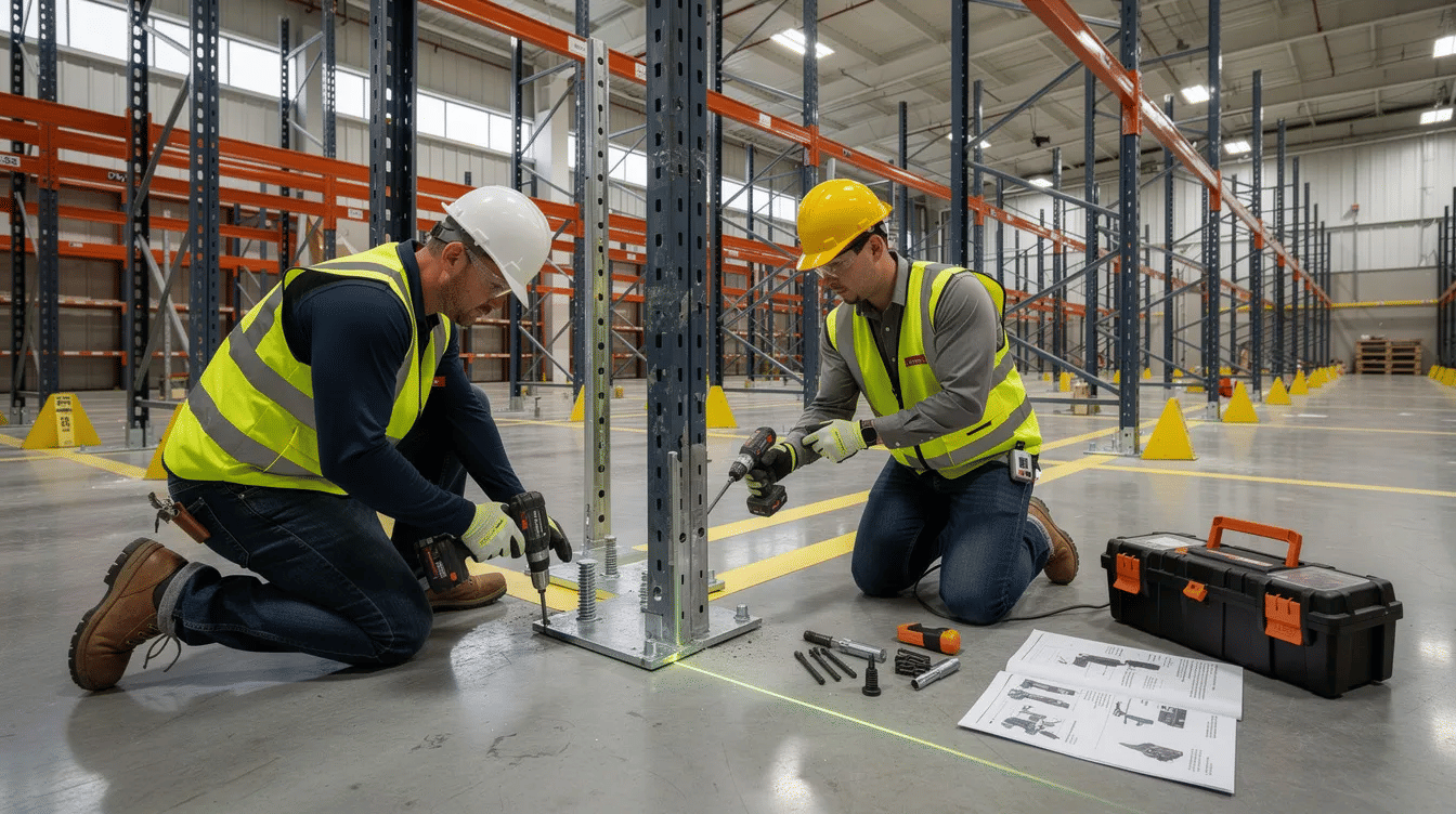 A warehouse installation crew is seen bolting steel pallet rack uprights to a concrete floor, with safety equipment such as helmets and harnesses visible. This scene highlights the professional installation of a pallet racking system, essential for optimizing warehouse storage space and enhancing operational efficiency.