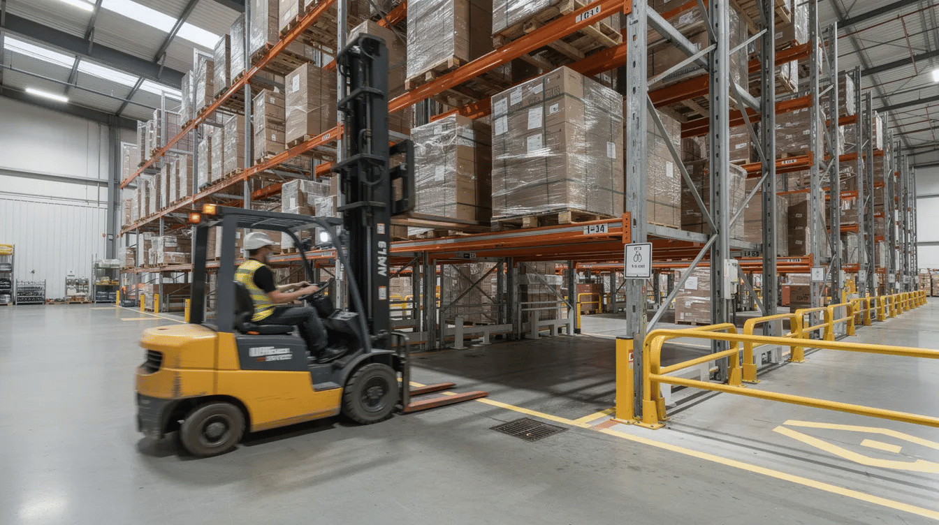 A forklift is entering a deep-lane drive-in pallet rack structure within an industrial warehouse, showcasing a high density pallet racking system designed to maximize storage capacity and streamline operations. The layout allows for efficient material handling and optimal use of floor space, enhancing the warehouse's overall storage solutions.