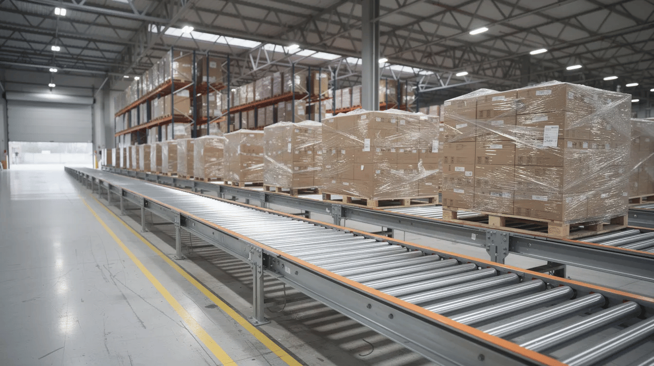 The image depicts a warehouse interior featuring gravity roller pallet flow lanes that are fully loaded with shrink-wrapped pallets, showcasing an efficient high density pallet racking system designed to maximize storage capacity and streamline operations. The layout emphasizes optimal use of floor space and operational efficiency, ideal for high volume inventory needs.