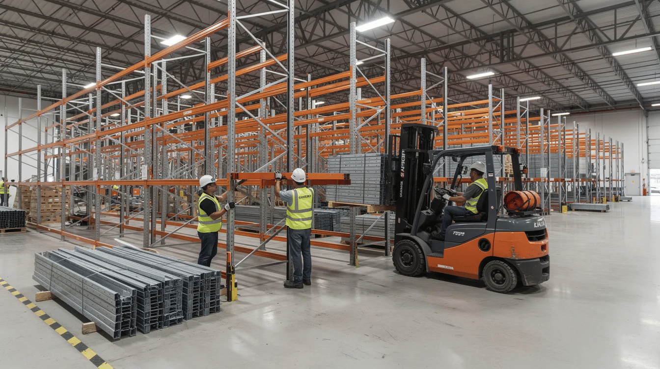 The image depicts warehouse workers installing steel pallet racking systems with a forklift in a large industrial facility, showcasing the process of maximizing storage capacity and increasing storage density. The setup highlights efficient use of floor space and operational efficiency in warehouse design.