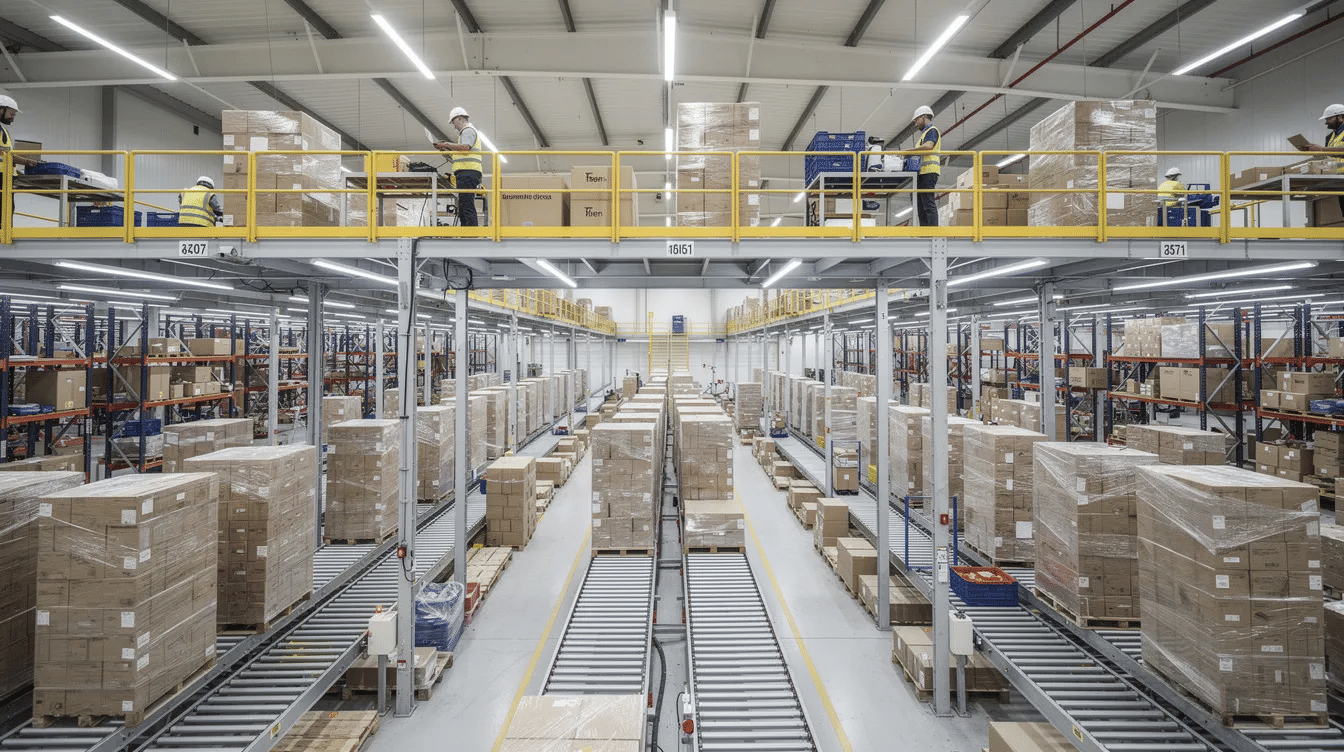 The image shows a wide-angle view of a modern multi-level distribution center interior, featuring workers on elevated picking platforms above rows of pallet racking, highlighting the efficient use of vertical space and storage capacity. The design incorporates a mezzanine system that enhances warehouse efficiency and operational needs while ensuring compliance with safety regulations.