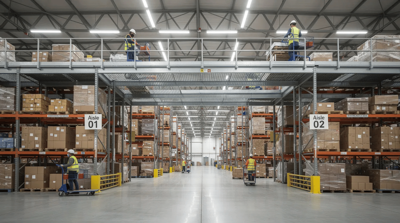The image depicts the interior of a large industrial warehouse featuring elevated metal walkways above rows of pallet racking, where workers are actively picking cartons on the mezzanine level. This design maximizes vertical space and enhances storage capacity, showcasing the efficiency of rack supported mezzanines in a distribution center.