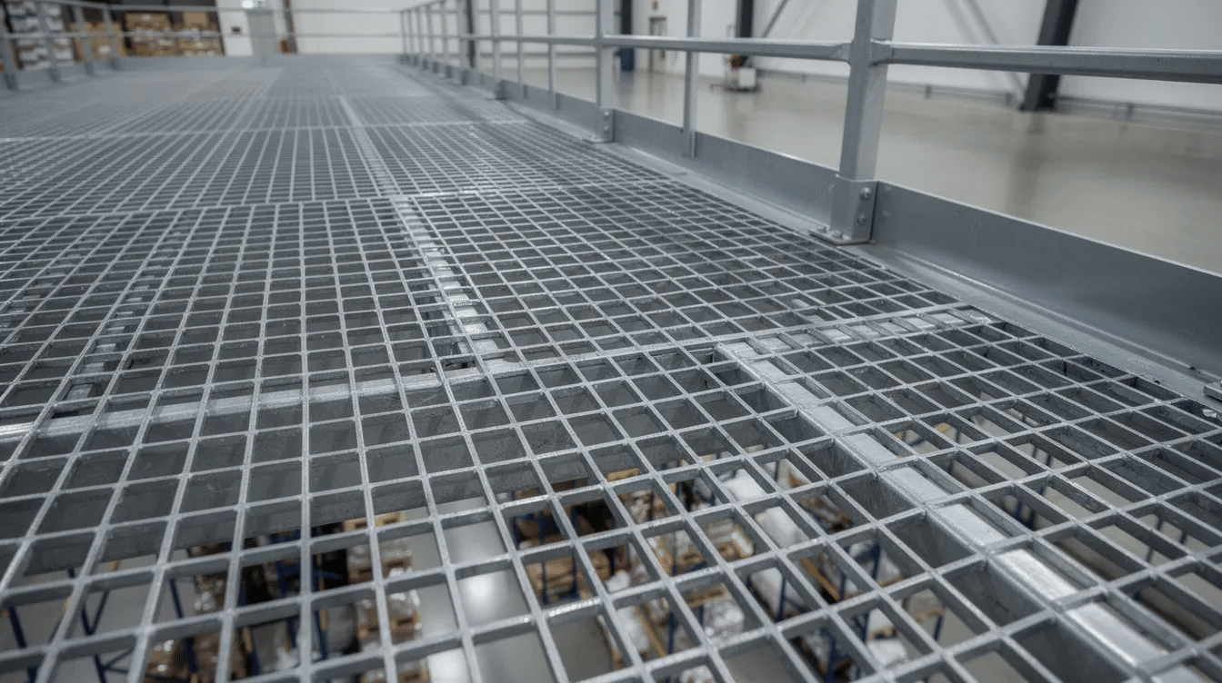 This close-up image showcases industrial steel bar grating decking installed on a warehouse mezzanine platform, featuring guardrails along the edge for safety. The robust structure is designed to enhance storage capacity and optimize vertical space within the distribution center.